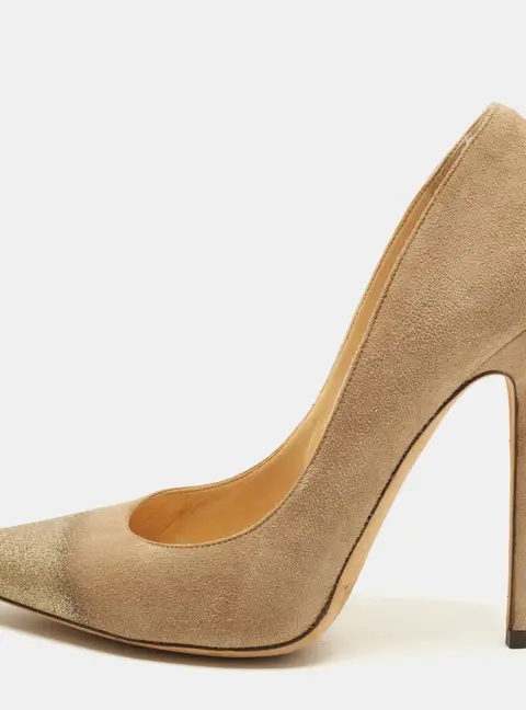 Jimmy Choo Romy Size 40 Beige Metallic Embossed Suede Pointed Toe Pumps
