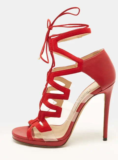 Jimmy Choo Size 39.5 Red Leather and Suede Ankle Strap Sandals