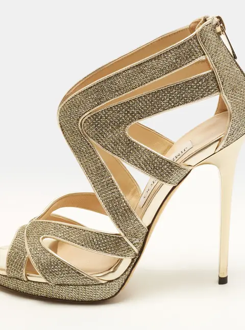 Jimmy Choo Collar Size 36 Metallic Silver Coarse Glitter and Leather Ankle Strap Sandals