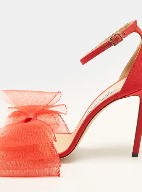Jimmy Choo Aveline Size 39 Red Fabric and Net Bow Ankle Strap Sandals