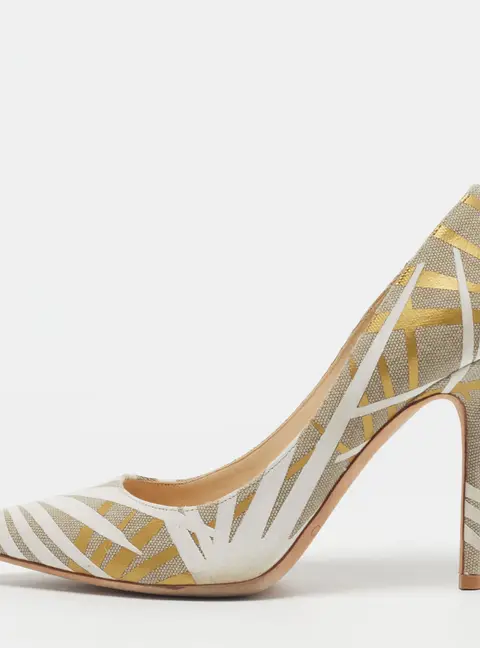 Jimmy Choo Abel Size 37.5 Cream/Gold  Canvas Pointed Toe Silhouettes Pumps