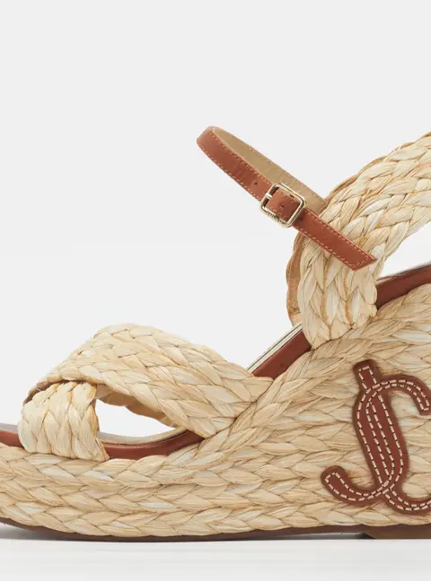 Jimmy Choo Dellena Size 34 Beige/Brown Leather and Braided Raffia Wedge Sandals