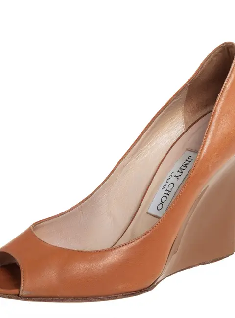 Jimmy Choo Tan Leather Wedge Peep Toe Pumps Size 39.5