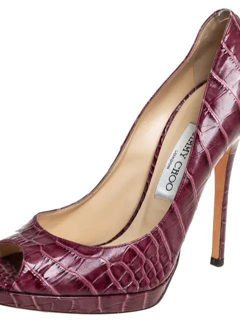 Jimmy Choo Burgundy Croc Embossed Leather  Peep Toe Pumps Size 39
