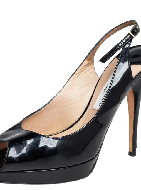 Jimmy Choo Black Patent Leather Crown Peep Toe Platform Slingback Sandals Size 39