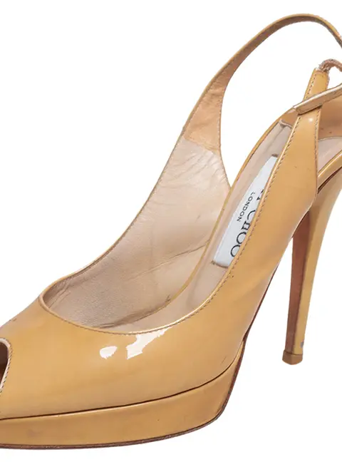 Jimmy Choo Beige Patent Leather Vita Peep Toe Platform Slingback Sandals Size 36.5