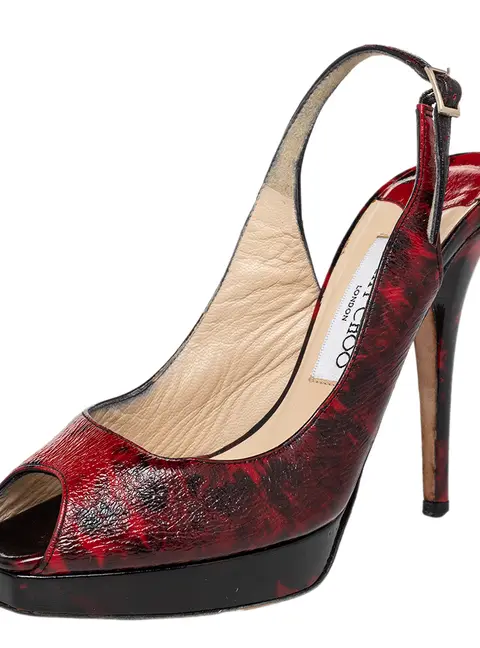 Jimmy Choo Red/Black Patent Leather Clue Peep Toe Slingback Sandals Size 36.5