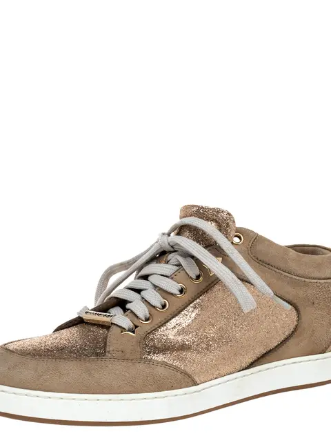 Jimmy Choo Beige Glitter And Suede Miami Lace Up Sneakers Size 38