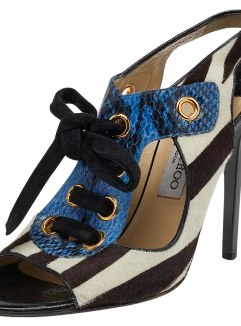 Jimmy Choo Multicolor Calf Hair And Python Leather Lace Up Sandals Size 40