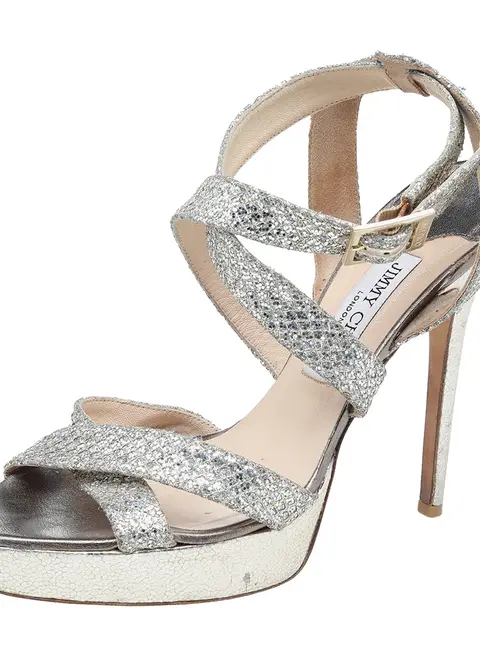 Jimmy Choo Metallic Gold Glitter Fabric Vamp Platform Strappy Sandals Size 40