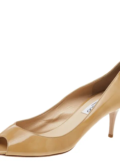 Jimmy Choo Beige Patent Leather Peep Toe Pumps Size 39.5