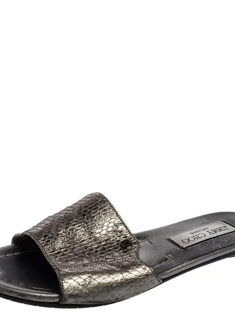 Jimmy Choo Grey Snakeskin Leather Nanda Flat Slide Sandals Size 36