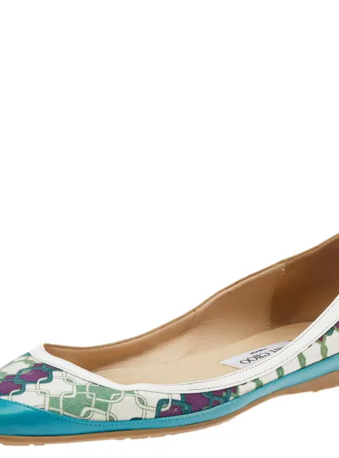 Jimmy Choo Green Printed Canvas And Leather Flats Size 39