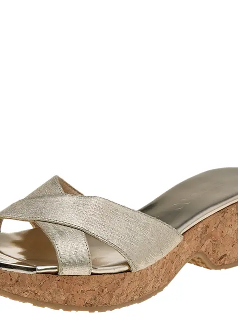 Jimmy Choo Gold Leather Cork Wedge Platform Sandals Size 36