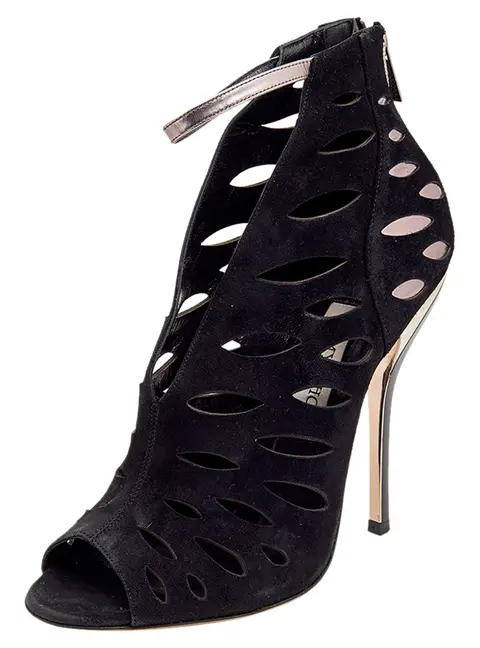 Jimmy Choo Black/Grey Suede And Leather Drift Cutout Peep Toe Booties Size 38.5