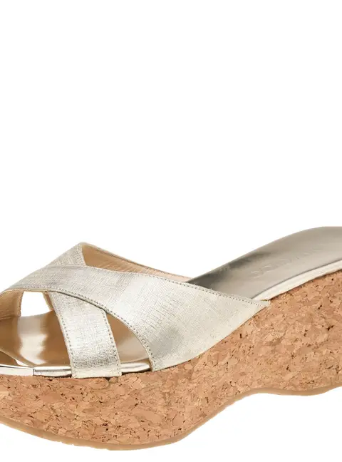 Jimmy Choo Gold Leather Prima  Cork Wedge Platform Slide Sandals Size 40