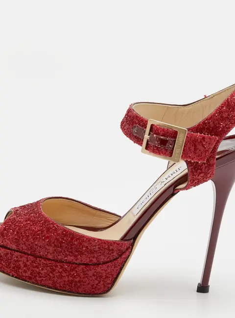 Jimmy Choo Red Glitter Linda Platform Ankle Strap Sandals Size 37.5