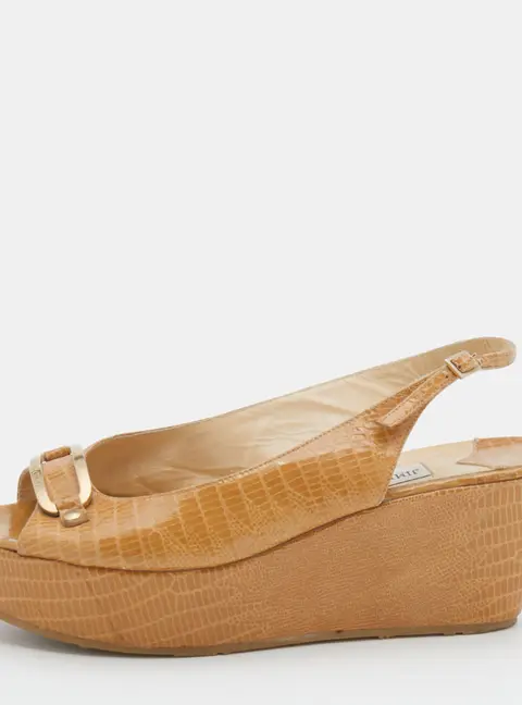 Jimmy Choo Beige Lizard Embossed Leather Slingback Wedge Sandals Size 39.5