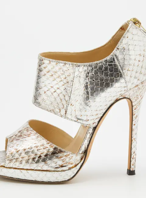 Jimmy Choo Metallic Silver Python Leather Private Open Toe Pumps Size 37.5