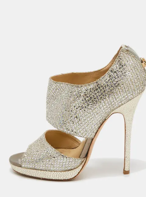 Jimmy Choo Metallic Silver Glitter Private Platform Sandals Size 37
