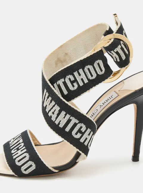 Jimmy Choo White/Black Web Bailey Logo Ankle Strap Sandals Size 38