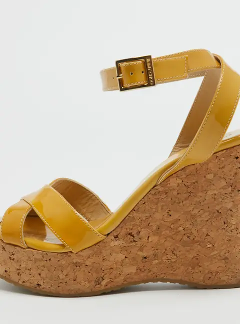 Jimmy Choo Papyrus Size 39.5 Yellow Patent Leather Cork Wedge Sandals