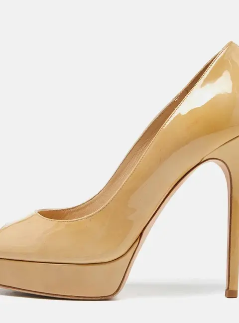 Jimmy Choo Beige Patent Leather Crown Peep Toe Pumps Size 40.5