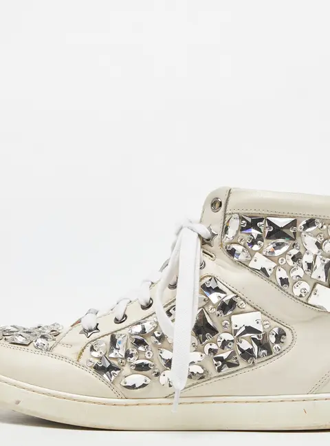 Jimmy Choo White Leather Tokyo Crystal Embellished High Top Sneakers Size 37.5