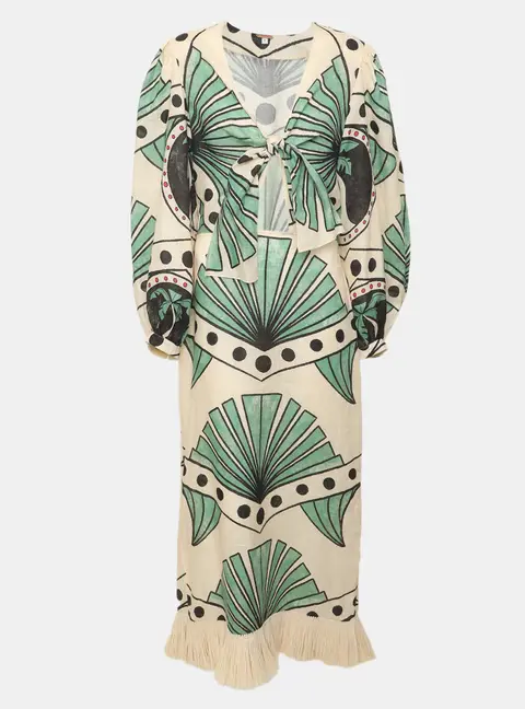 Johanna Ortiz Beige/Green Palm Print Linen and Straw Maxi Dress M