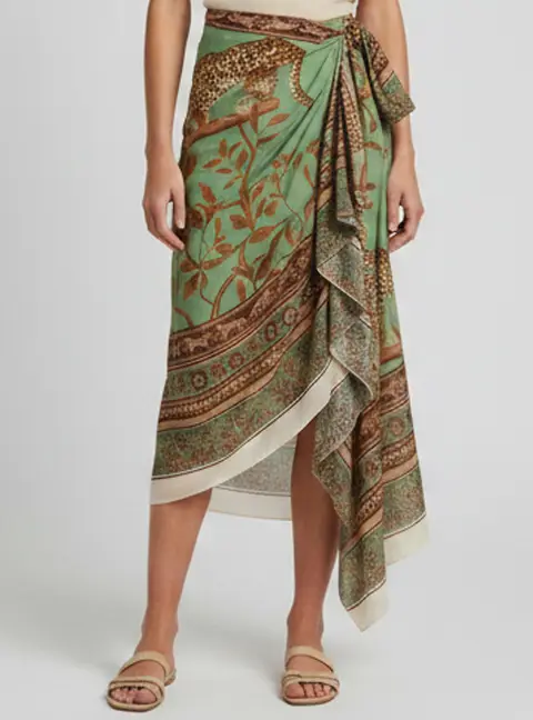 Johanna Ortiz Green/Brown Leopard and Floral Print Draped Sheer Magnitude Skirt S
