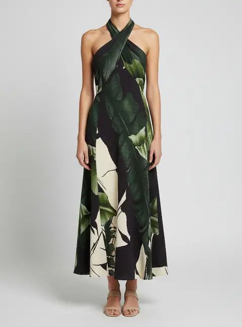 Johanna Ortiz Black/Green Printed Plisse-Satin Halter Neck Midi Dress S