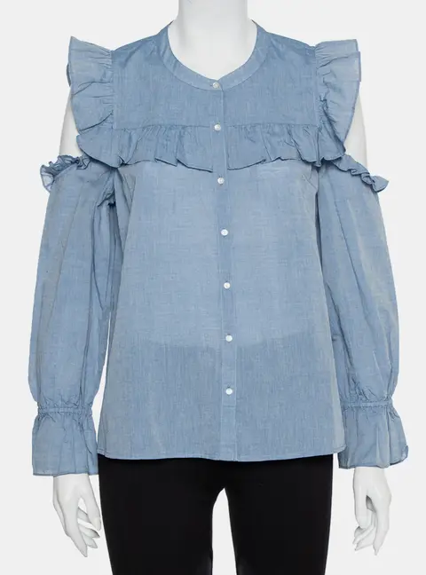 Joie Blue Cotton Cold Shoulder Ruffled Button Front Akari Top M