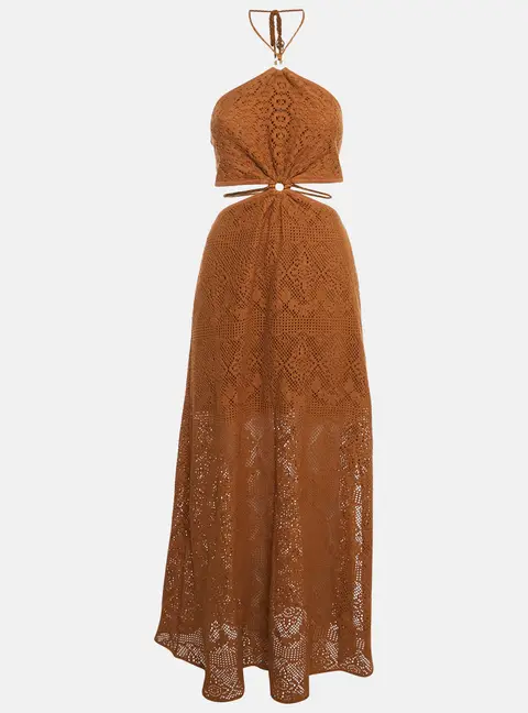 Jonathan Simkhai Brown Crochet Cut-Out Maxi Dress M