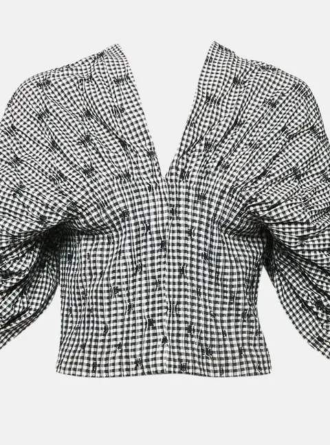 Jonathan Simkhai Black/White Gingham Crepe Pleated Corset Top M