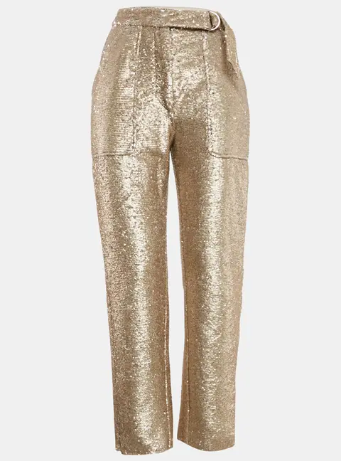 Jonathan Simkhai Gold Sequin Waist Tie-Up Belt Detail Trousers S