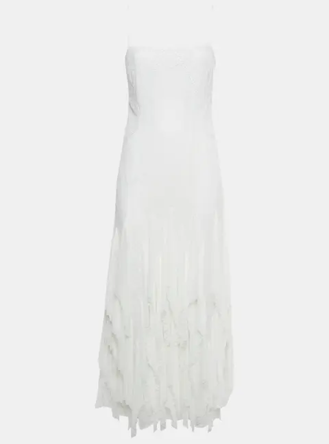Simkhai White Chiffon Pleated Lace Maxi Dress S