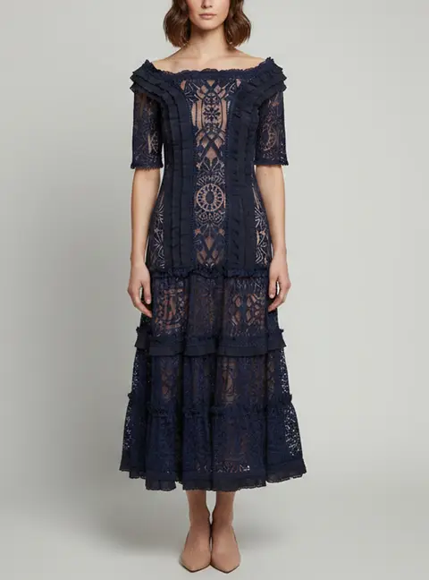 Jonathan Simkhai Navy Blue Floral Lace Tiered Off-Shoulder Midi Dress S