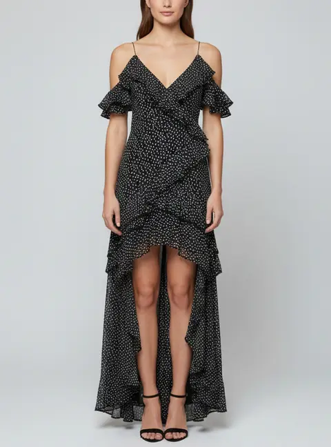 Jonathan Simkhai Black Speckle Print Chiffon Asymmetric Midi Dress S