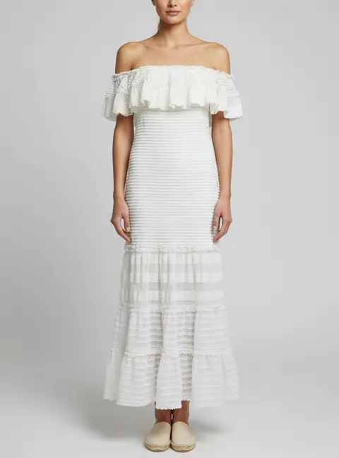 Jonathan Simkhai White Ruffled Lace Off-Shoulder Trumpet Midi Dress M