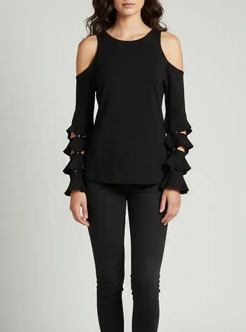 Jonathan Simkhai Black Ruffled Sleeve Knit Cold Shoulder Top L