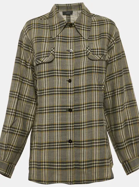 Joseph Grey Tropical Check Wool Button Front Asher Blouse L