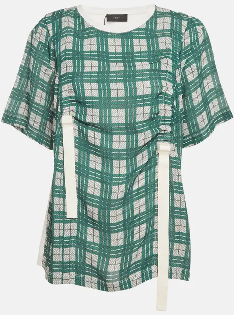 Joseph Green/White Checkered Cotton & Silk Buckle Detail Top XL