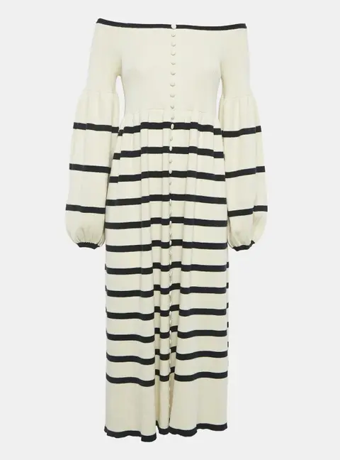 Joslin Off-White Rib Knit Stripe Off-Shoulder Button Detail Flared Midi Dress S