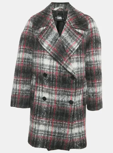 Karl Lagerfeld Grey/Pink Check Wool Tailored Coat S