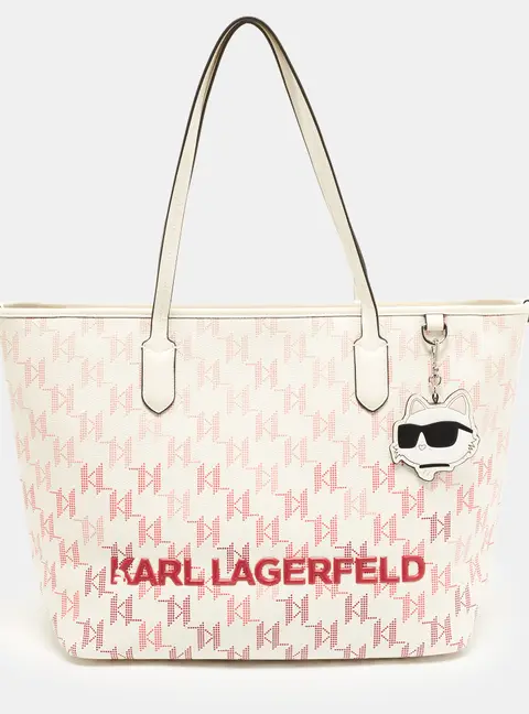 Karl Lagerfeld K/ Ikonik Off White/Red Monogram Coated Canvas and Leather Shopper Tote