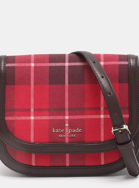 Kate Spade Red/Brown Canvas and Leather Blake Plaid Crossbody Bag