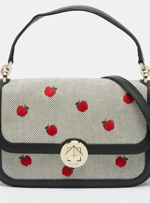 Kate Spade Black Audrey Apple Flap Canvas and Leather Top Handle Bag