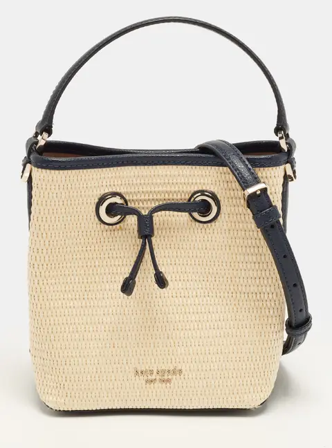 Kate Spade Eva Small Navy Blue/Natural Raffia and Leather Bucket Bag