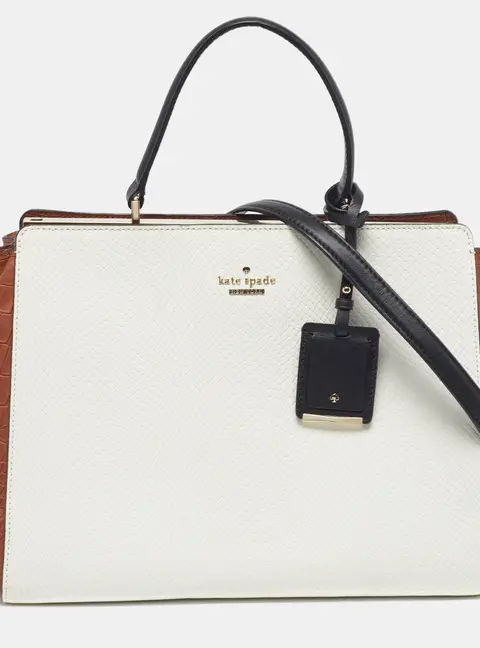 Kate Spade Angelika Pembrey Palace White/Brown Croc and Snakeskin Embossed Leather Top Handle Bag