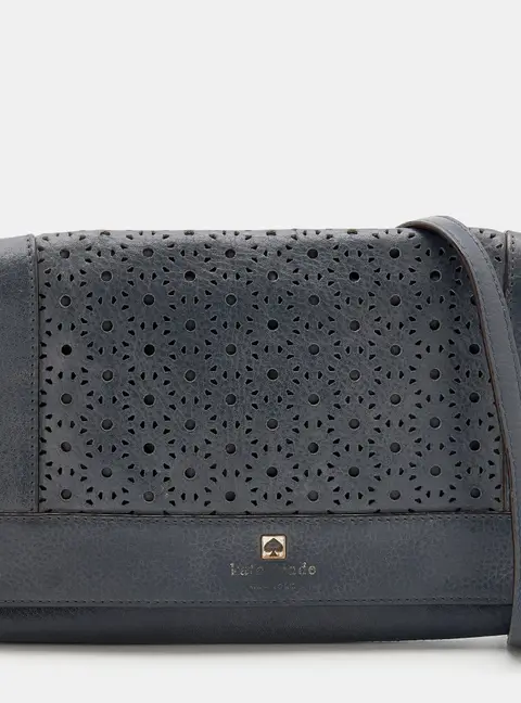 Kate Spade Dark Grey Leather Perforated Flap Shoulder Bag